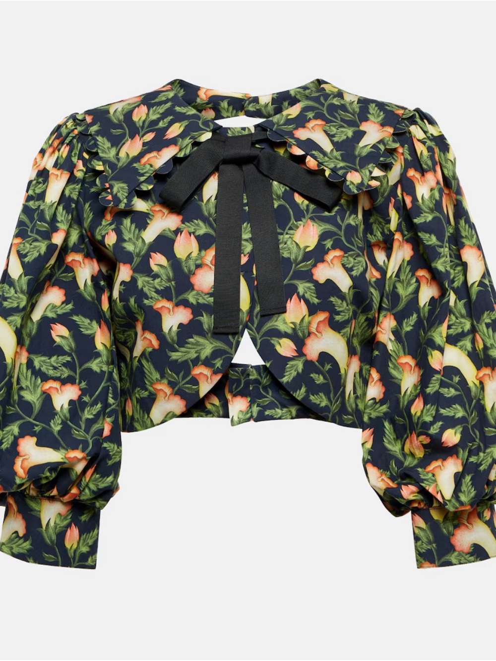 Agua Bendita Floral Puff-Sleeve Cropped Blouse with Bow size S